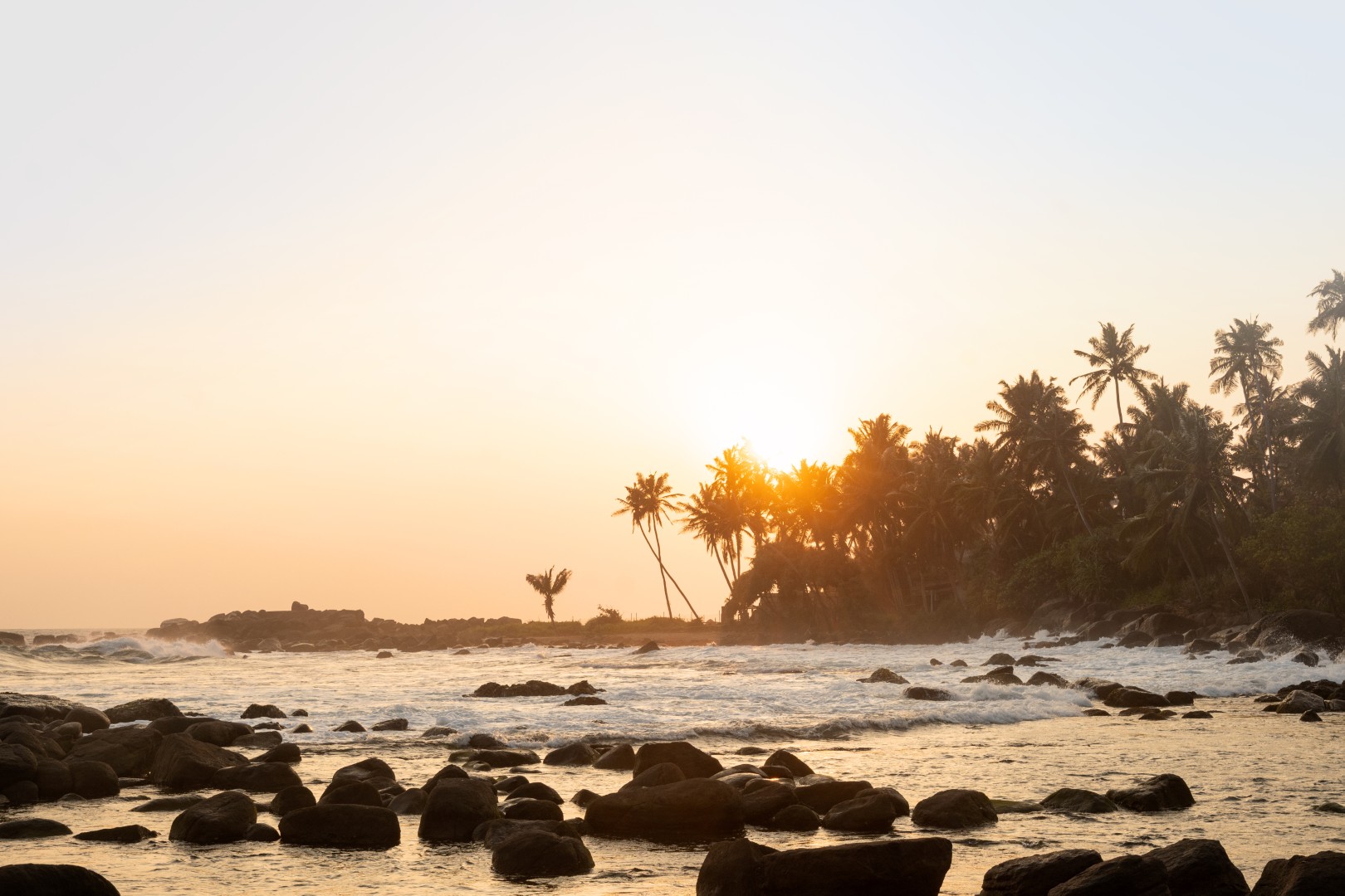 Beautiful sunset on tropical island. Silhouette of palm trees at sunset. Panoramic beach landscape. Inspire tropical nature seascape horizon. Outdoors. World Ocean Day.